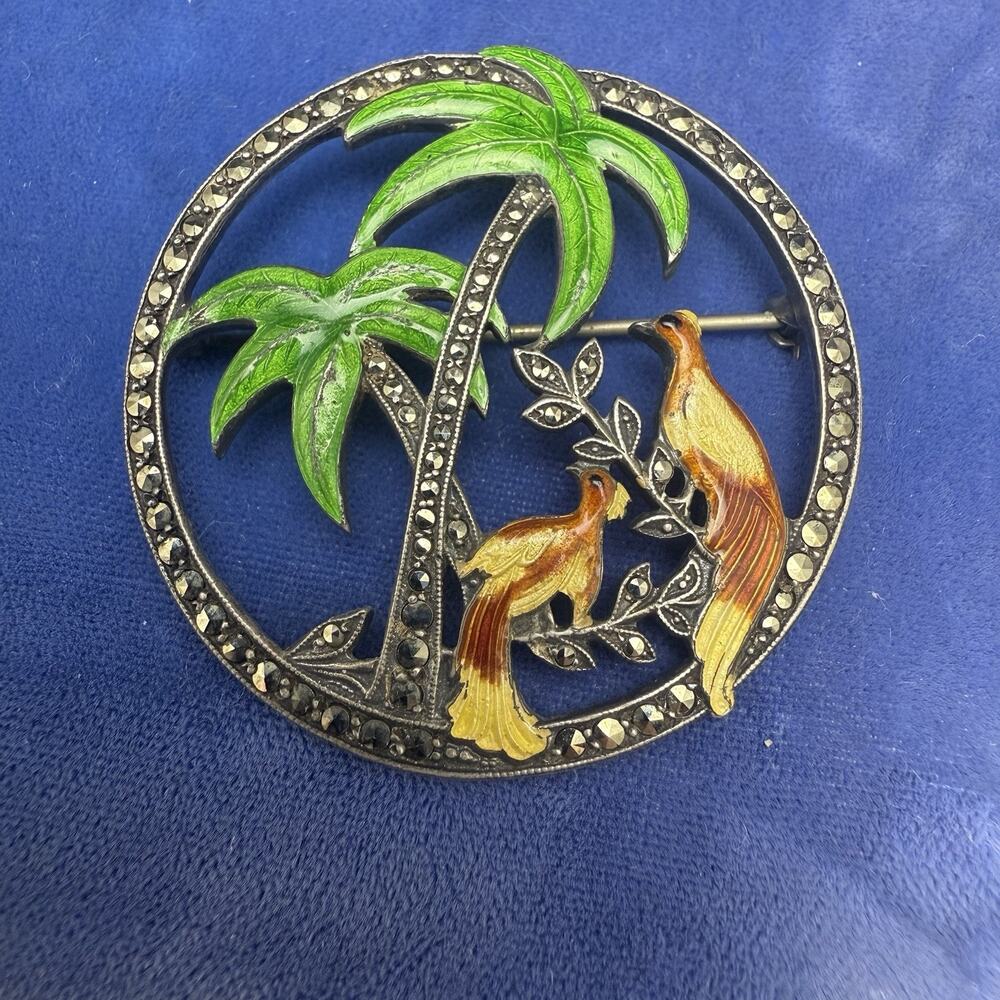 Uncas Sterling Pin Brooch Palm Tree & Birds Tropical Marcasite Enamel Vintage